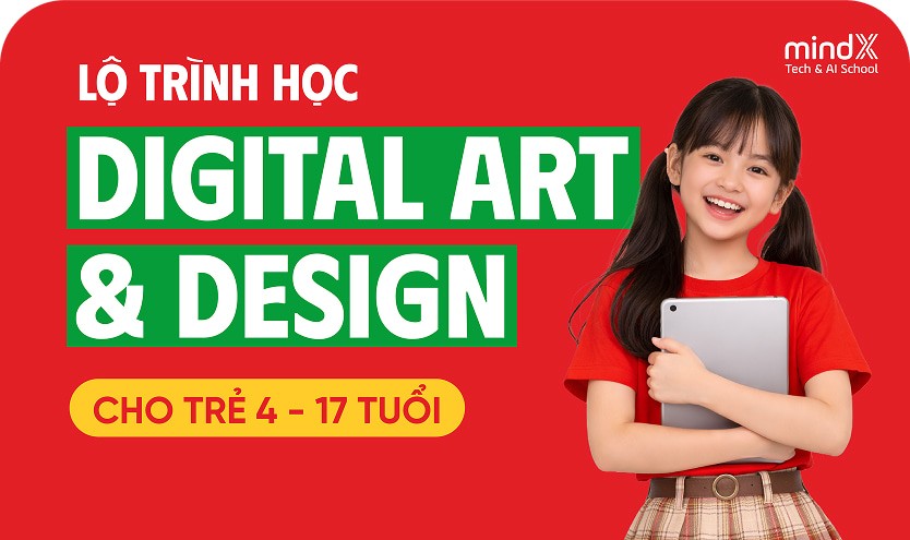 Banner lộ trình Mỹ thuật số ứng dụng AI cho trẻ trên mindx.edu.vn.